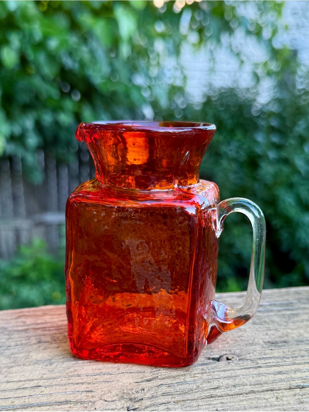 Vintage Pilgrim Glass Square Mini Pitcher Orange Red Handblown Bud Vase Creamer
